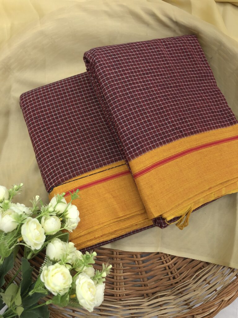 Burgundy Yellow Patteda Anchu Saree