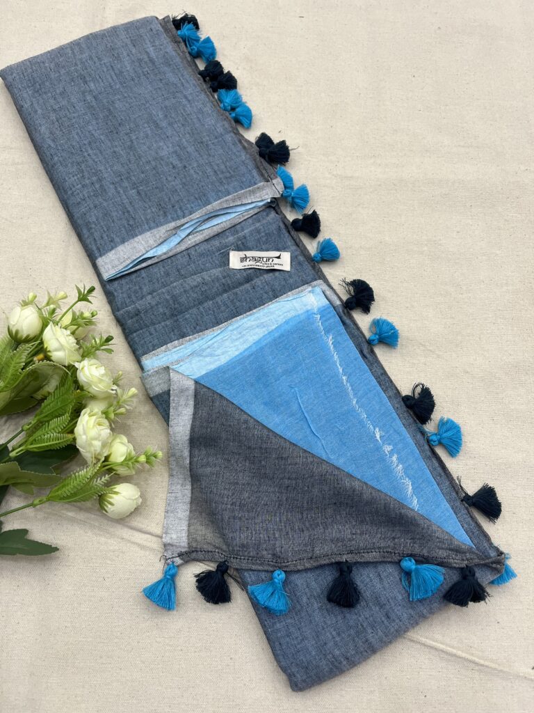 Grey Sky Blue Half N Half Mulmul Saree