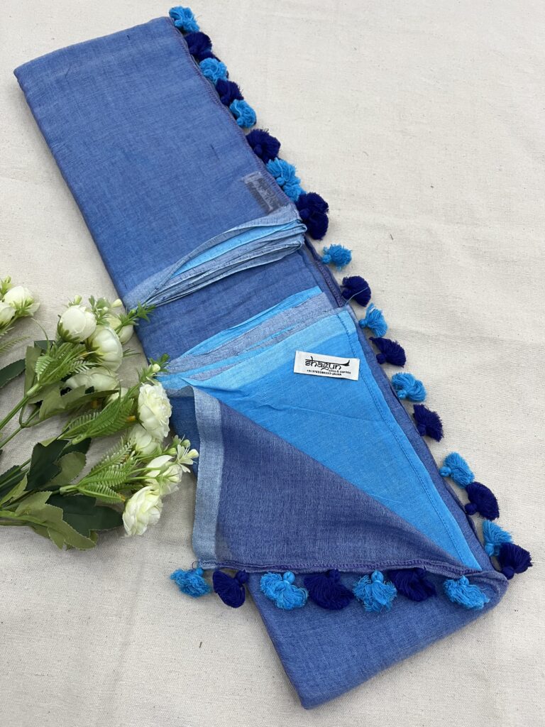 Denim Blue Lagoon Half N Half Mulmul Saree