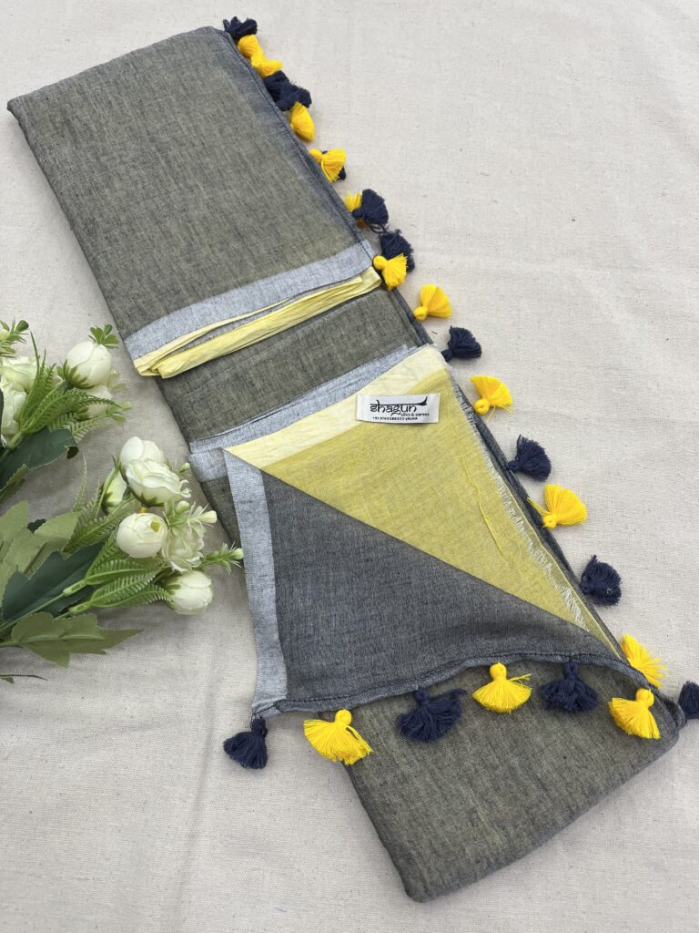 Grey Yellow Half N Half Mulmul Saree