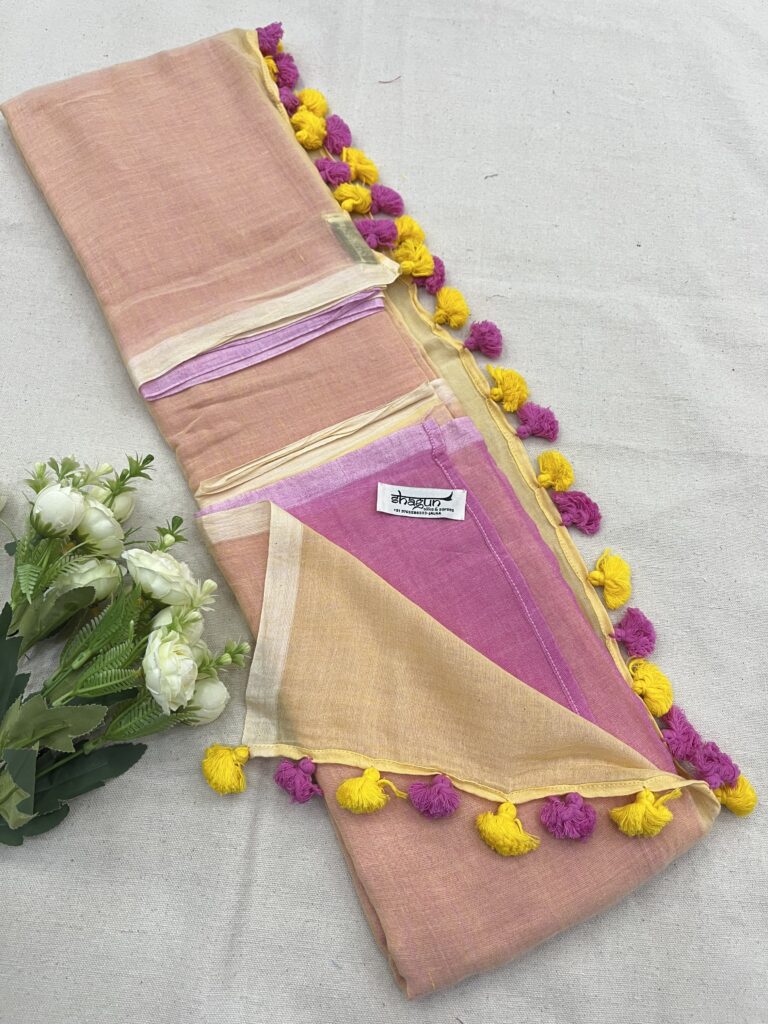 Yellow Pink Half N Half Mulmul Saree