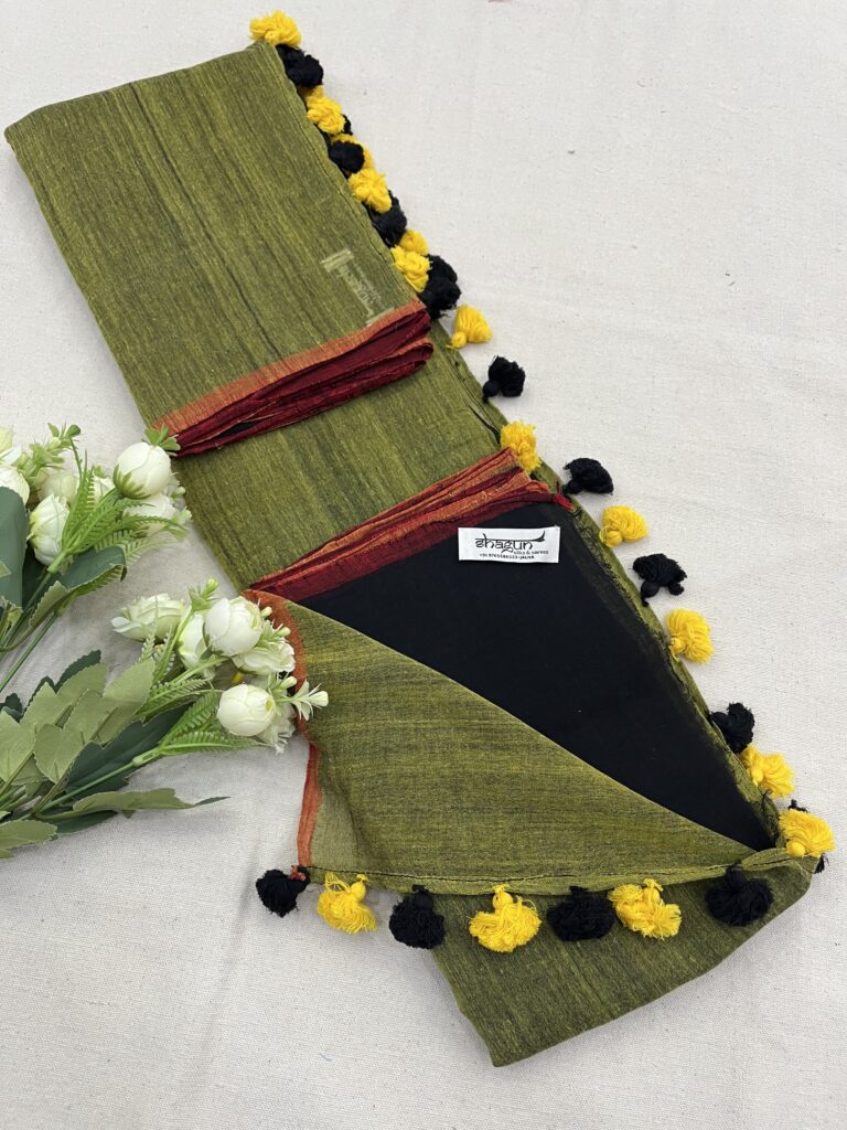 Mehendi Black Half N Half Mulmul Saree