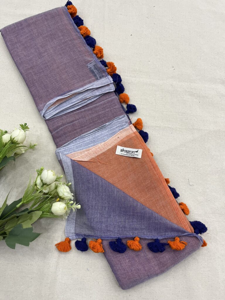 Bluish Orange Half N Half Mulmul Saree