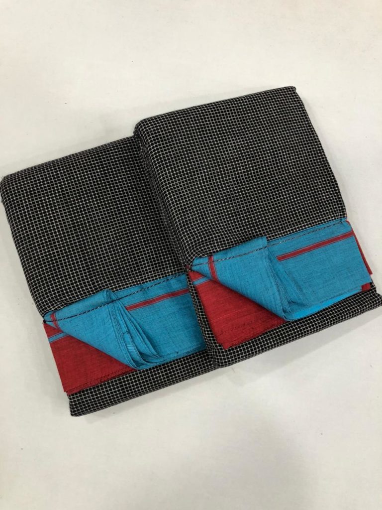 Red/Blue-Black Patteda Anchu Saree