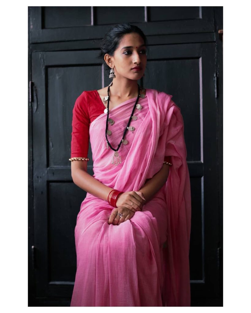 Pink White Mulmul Saree
