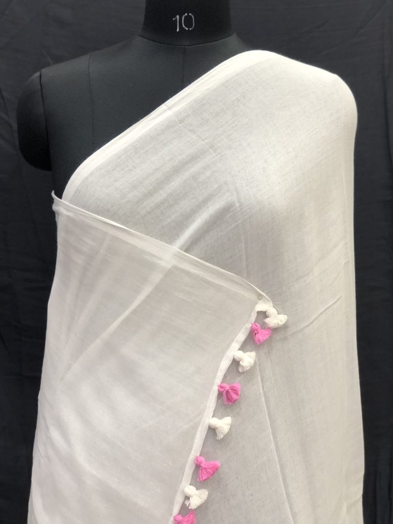 Marshmallow White Pink Mulmul Saree