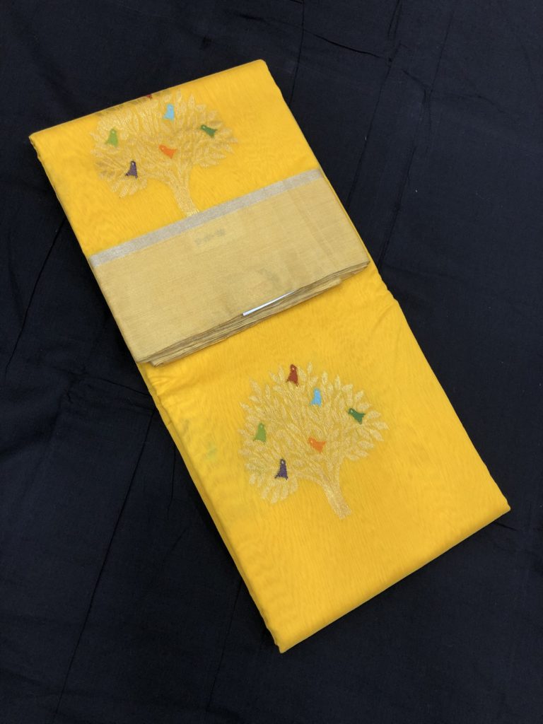 Yellow Tree Bird Motif Chanderi Saree