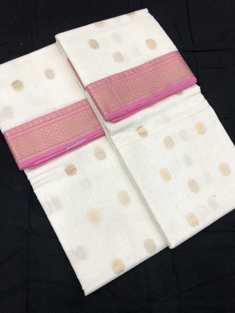 White Pink Oval Motif Chanderi Saree