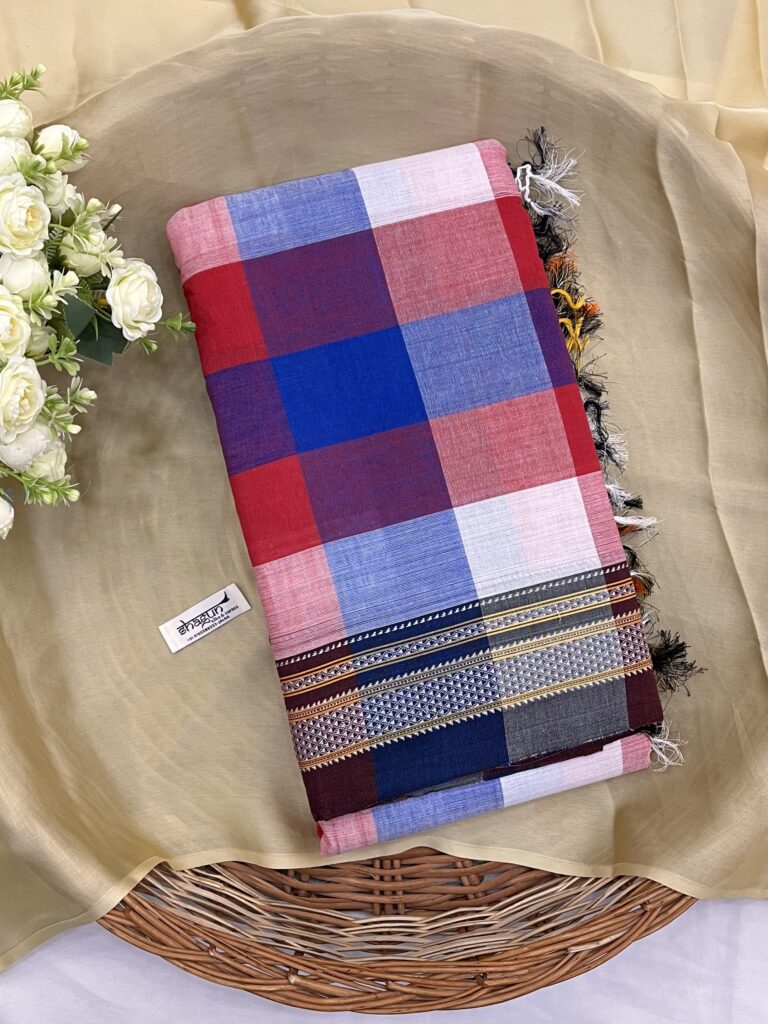 Blue Red White Madras Checks Ilkal Saree