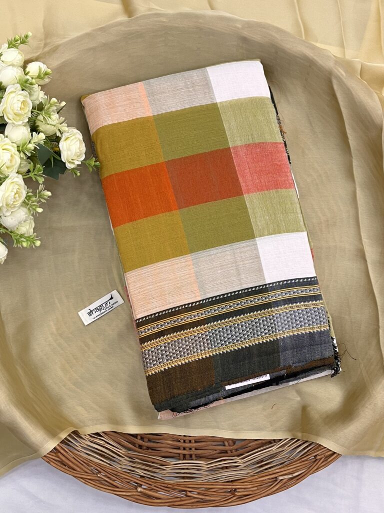 Orange Green White Madras Checks Ilkal Saree
