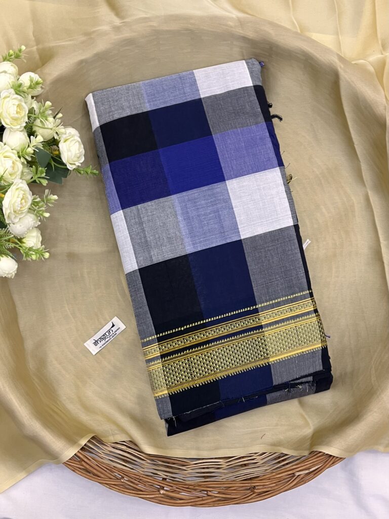 Blue Black White Madras Checks Ilkal Saree
