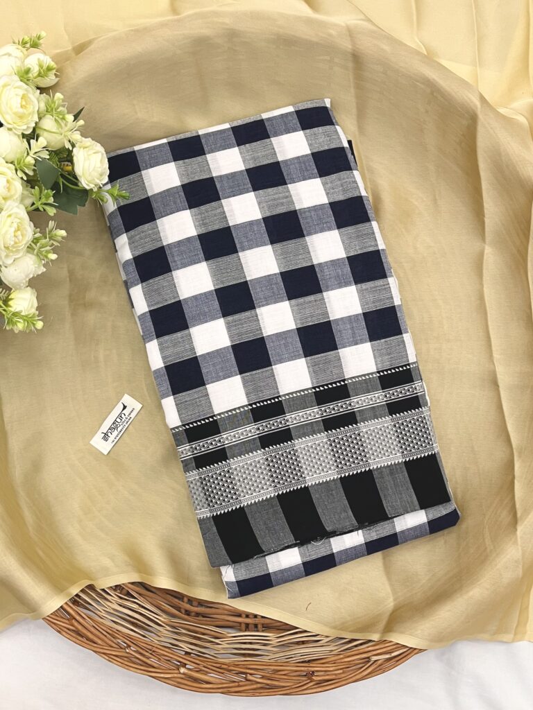 Black & White With Blue Checks Ilkal Saree