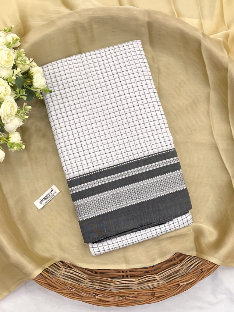 Grey White Monochrome Checks Ilkal Saree