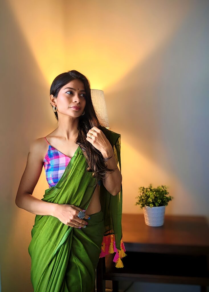 Olive With Yellow Pink Tassels Mulmul Saree