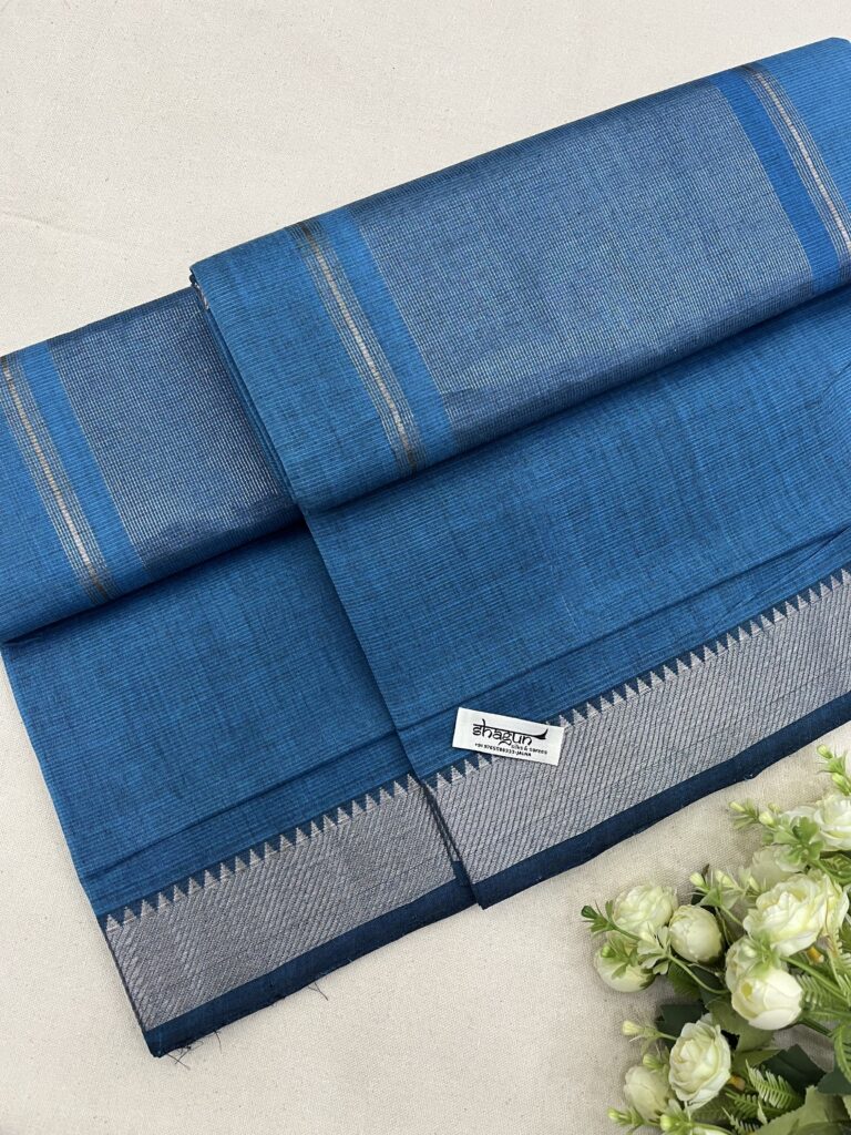 Teal Blue Silver Border Mangalgiri Cotton Saree