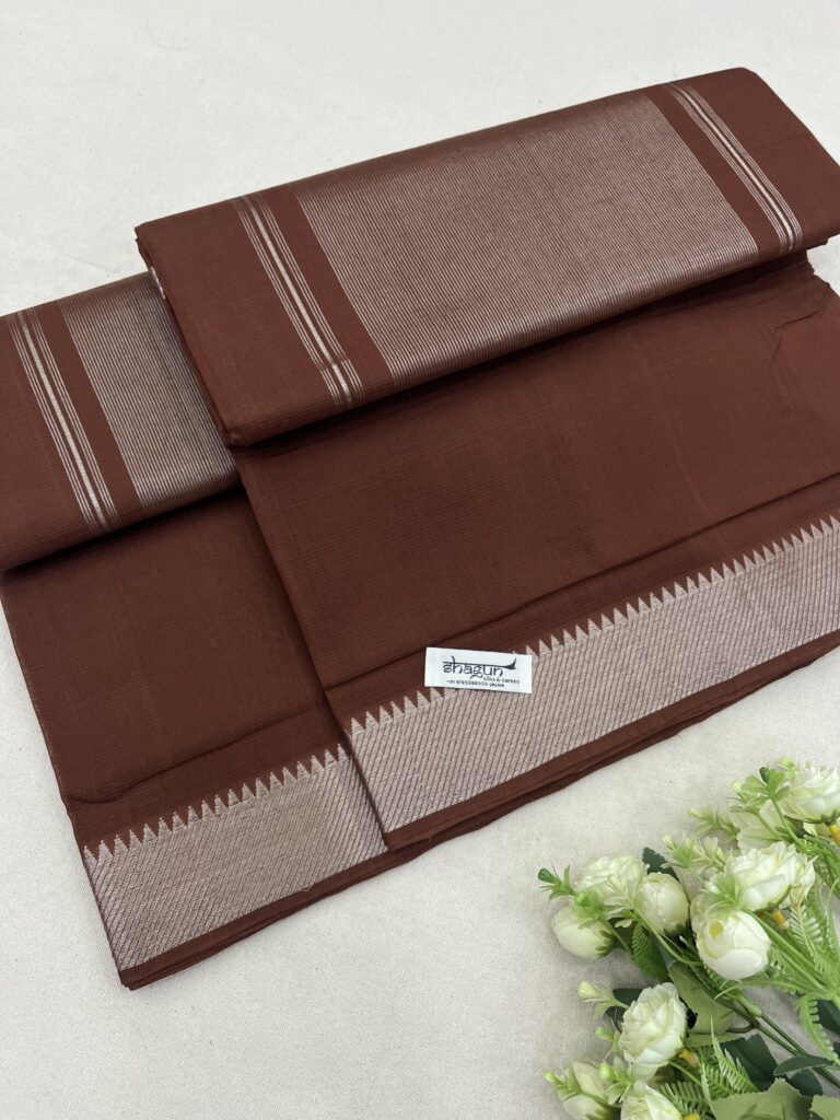 Coffee Silver Border Mangalgiri Cotton Saree