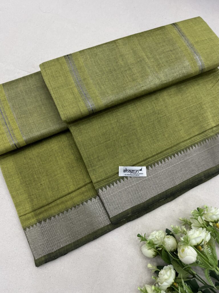 Lime Green Silver Border Mangalgiri Cotton Saree