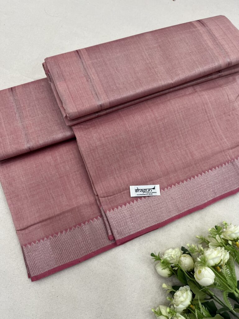 Peach Pink Silver Border Mangalgiri Cotton Saree