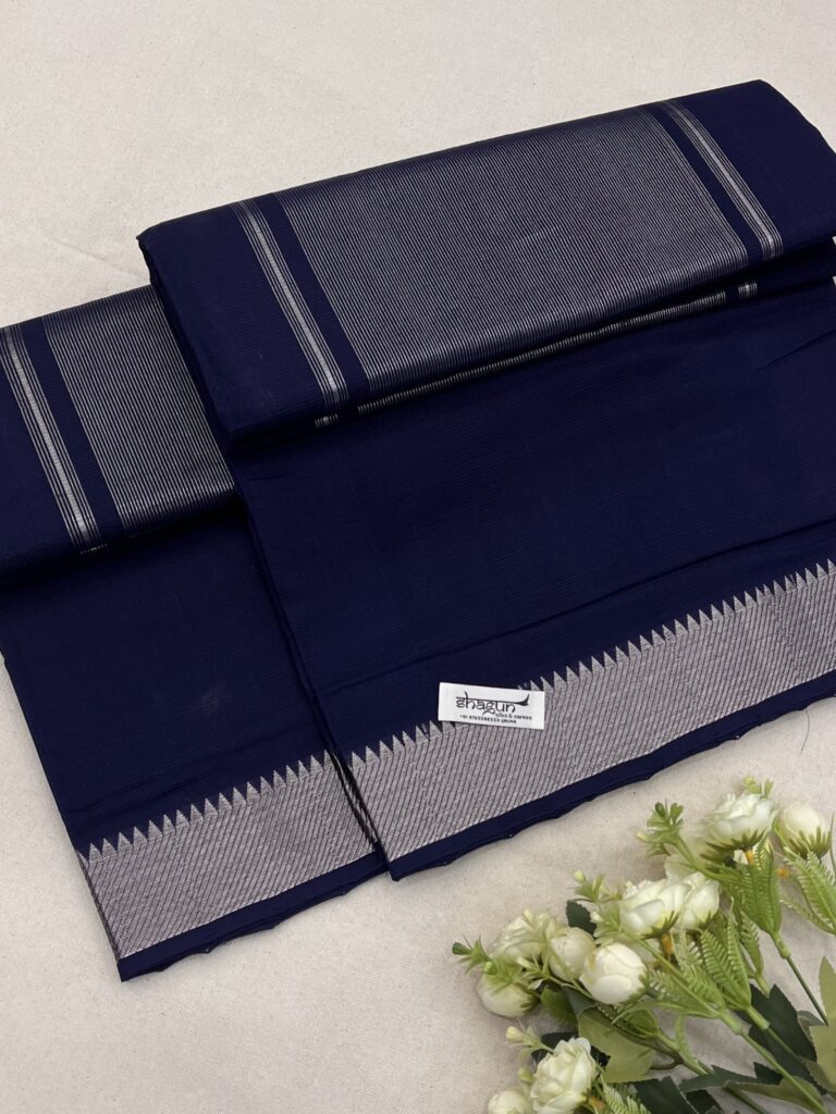 Navy Blue Silver Border Mangalgiri Cotton Saree