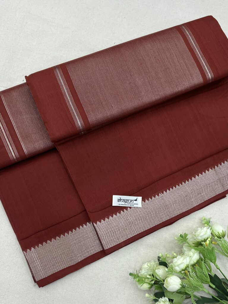 Brick Red Silver Border Mangalgiri Cotton Saree