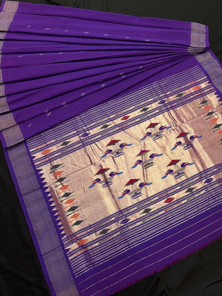 Purple Blue Cotton Paithani Double Pallu Saree 13