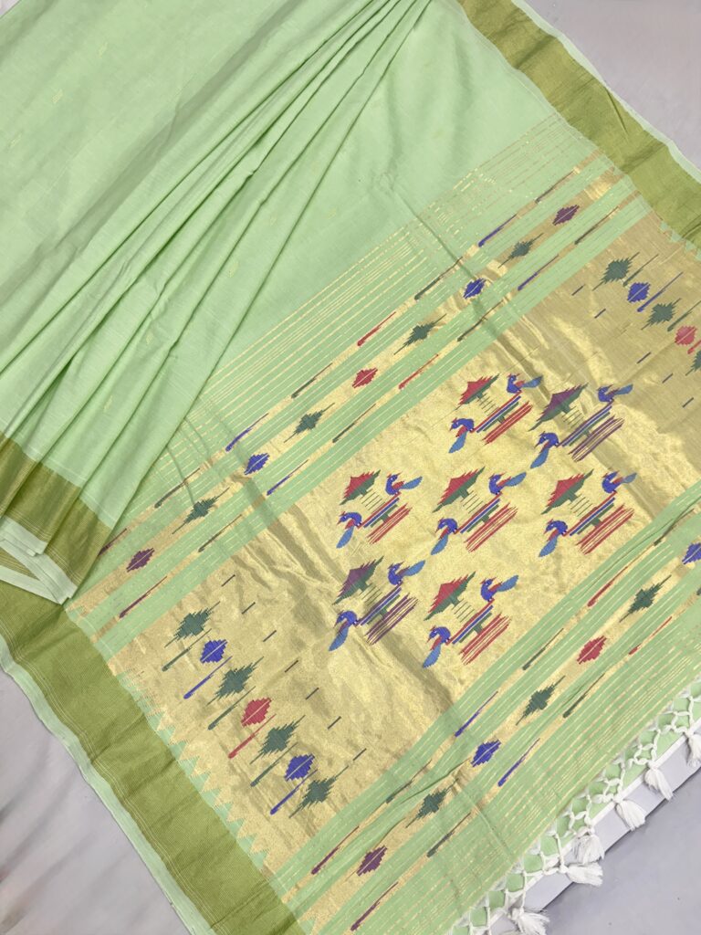 Pista Cotton Paithani Double Pallu Saree 10