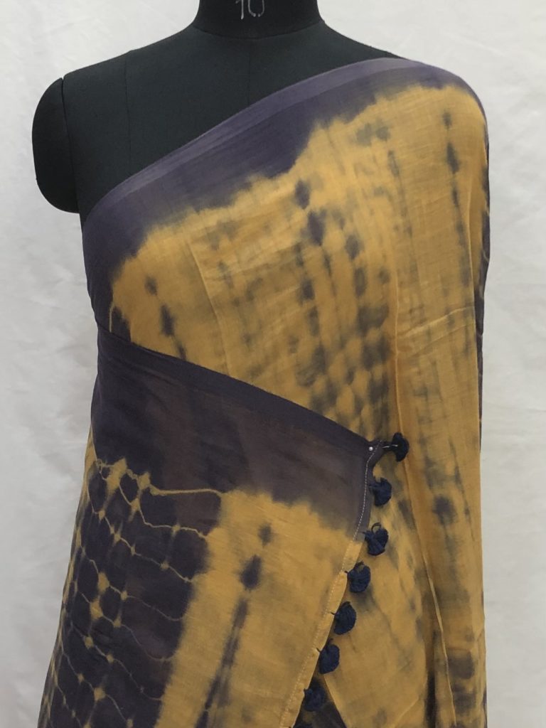 Dusty Shade Of Mustard Blue Shibori Mulmul