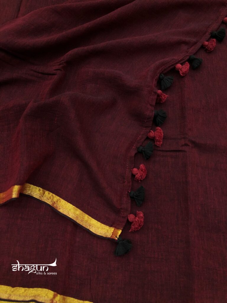 Maroon Black Zari Border Mulmul Saree