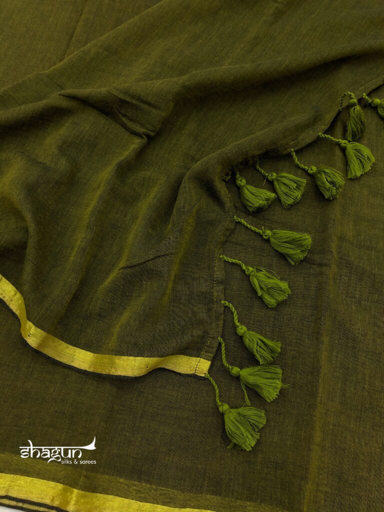 Mehendi Green Zari Border Mulmul Saree