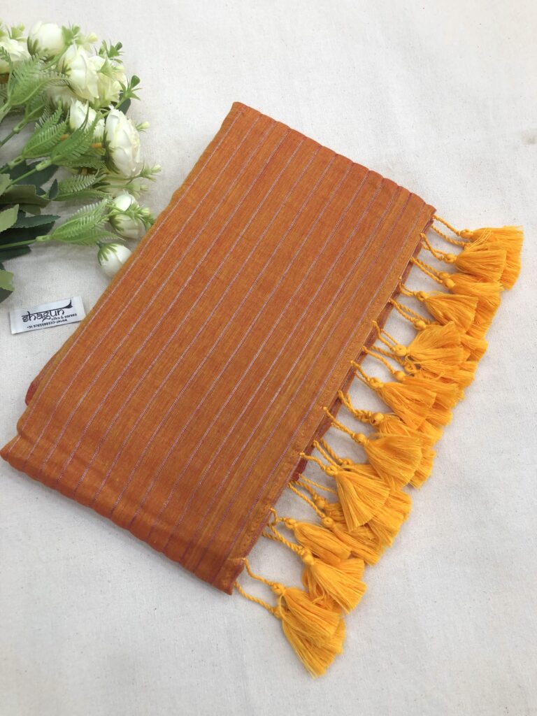 Orange Silver Zari Lines Mulmul Saree