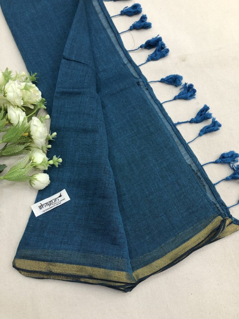 Teal Copper Zari Border Mulmul Saree