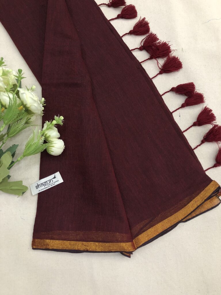 Maroon Copper Zari Border Mulmul Saree