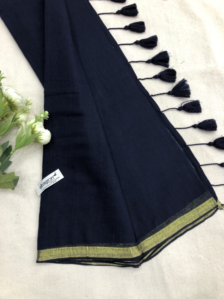 Navy Blue Gold Zari Border Mulmul Saree