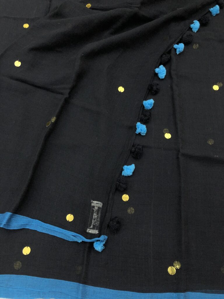 Black Blue Border Gold Chumki Sequins Saree