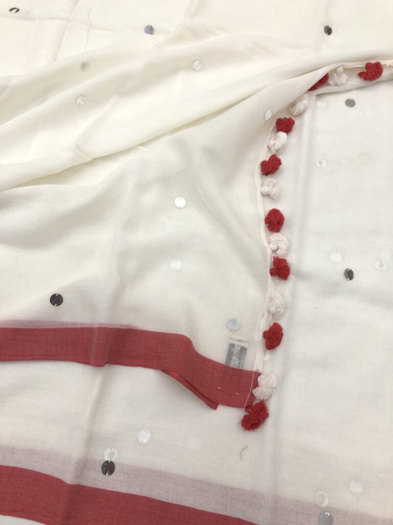 Off White Red Border Silver Chumki Sequins Saree