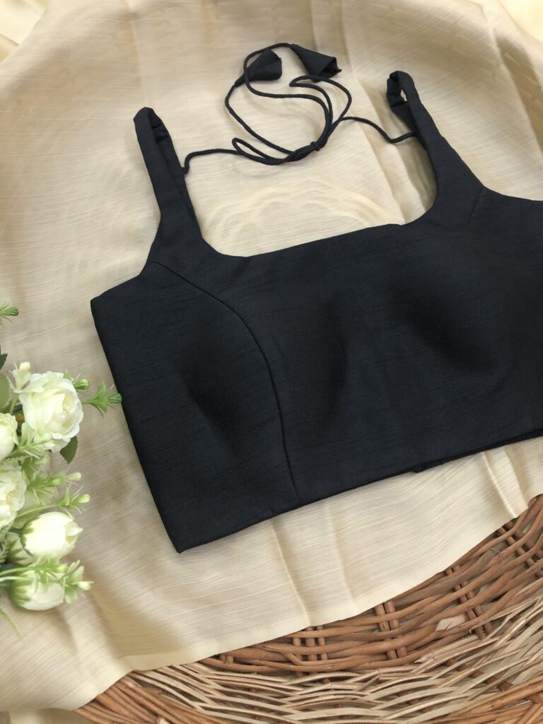 Black Thin Strap Basic Raw Silk Blouse