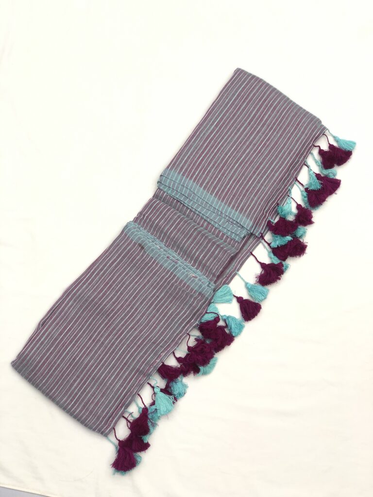 Mauve Zari Line With Purple Tassels Mulmul