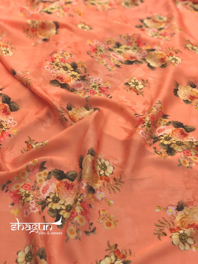 Peach Multi Colour Floral Print Satin Saree