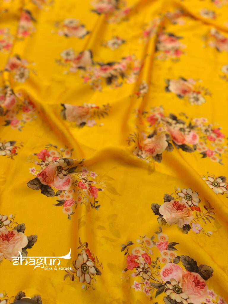 Yellow Multi Colour Floral Print Satin Saree