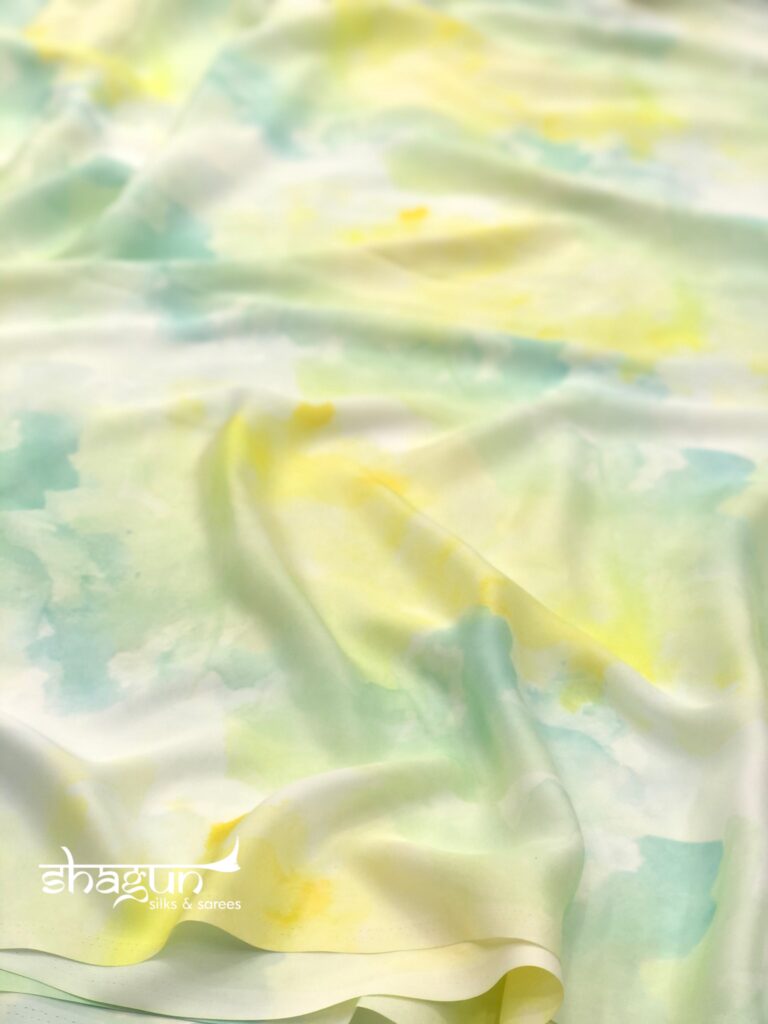 Yellow Blue Water Colour Digital Print Satin Saree