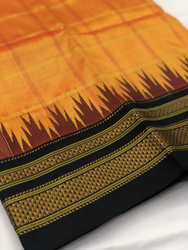 Gold Black Checks Temple Ilkal Silk Saree - Shagun Silks & Sarees