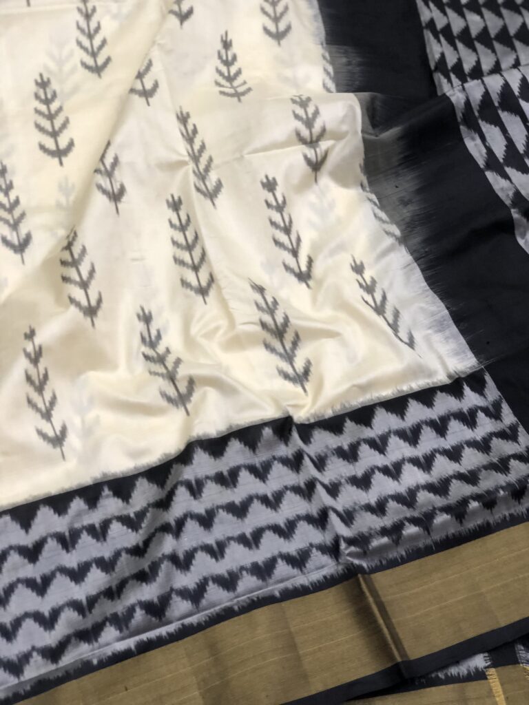 Off White - Grey Black 018 Pochampally Silk Saree