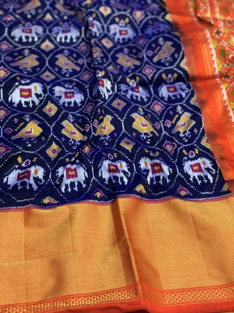 Navy Blue Orange 035 Pochampally Silk Saree
