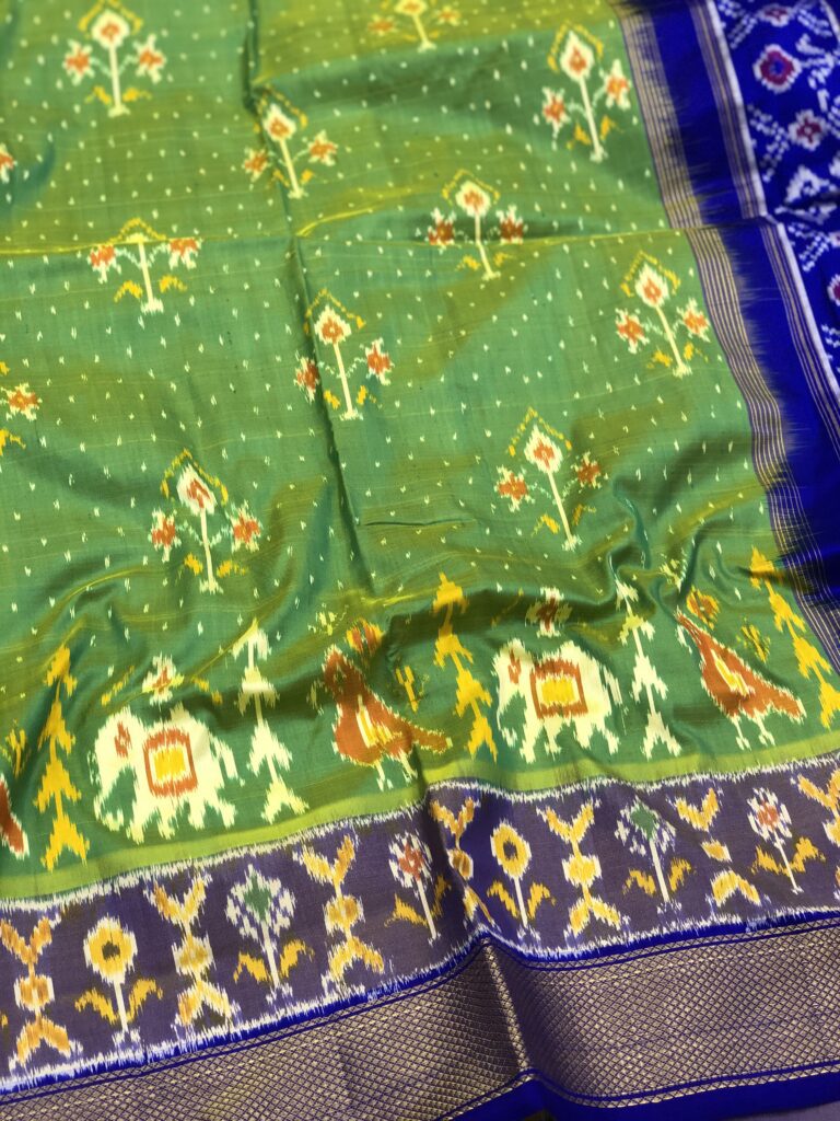 Greenish Yellow Blue 038 Pochampally Silk Saree