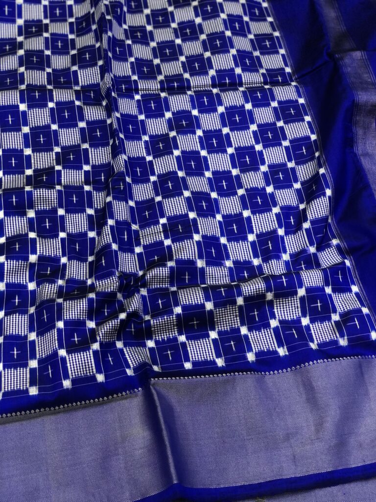 Blue White Double Ikkat Pochampally Silk Saree