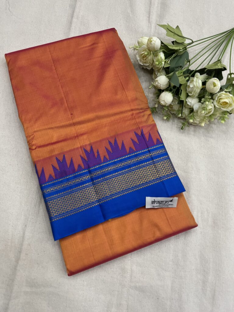 Orange Cross Blue Temple Ilkal Silk Saree