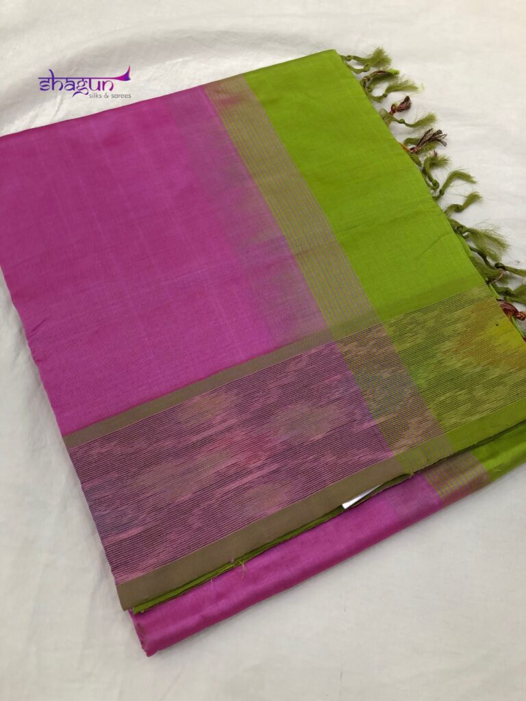 Light Pink By Green Plain Pochampally Border Saree