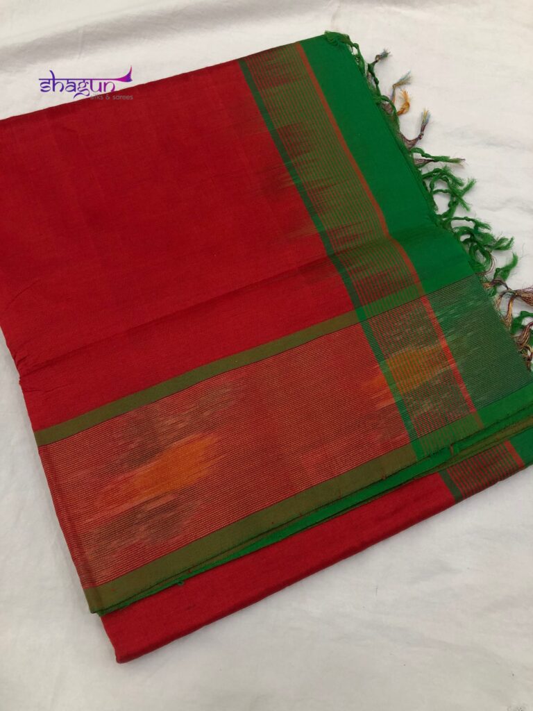 Red By Green Plain Pochampally Border Saree