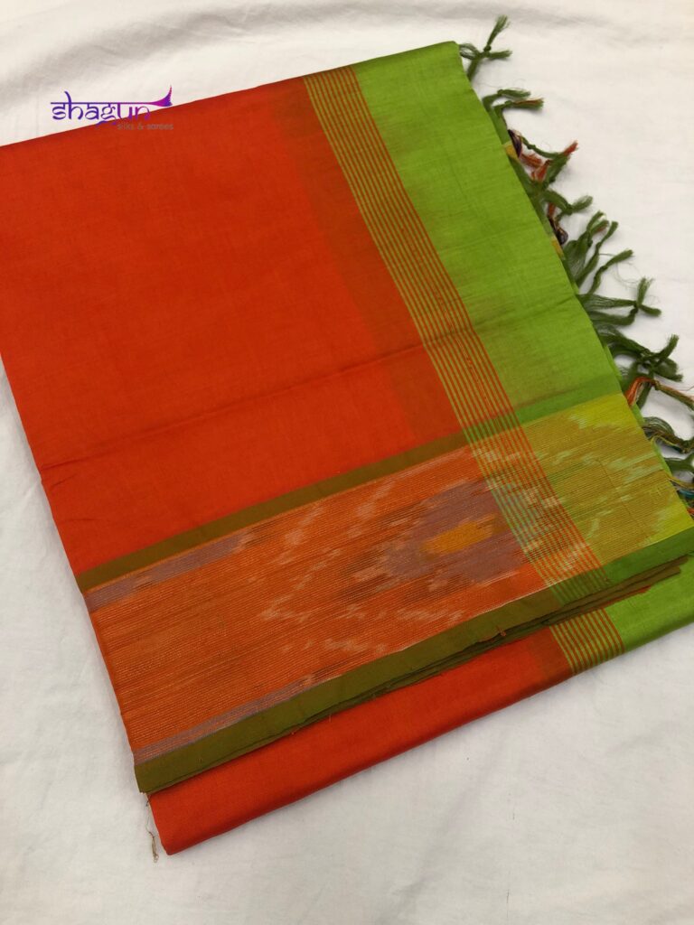 Orange By Green Plain Pochampally Border Saree