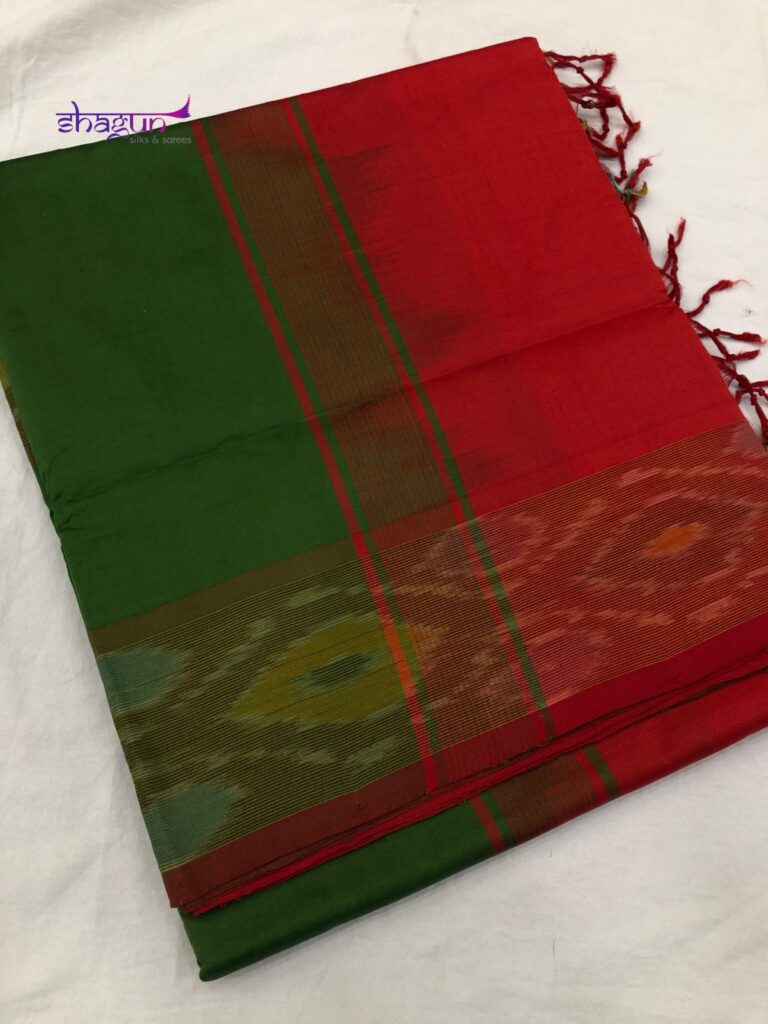 Green By Red Plain Pochampally Border Saree